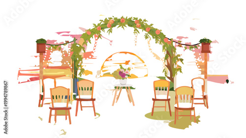 Summer Outdoor Wedding with Flowers and Fairy Lights Vector