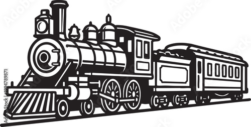 Steam locomotive train with passenger cars illustration