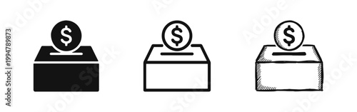 Donation Box Icon Set featuring Coin and Slot in Glyph Line and Hand-Drawn Styles for Charity