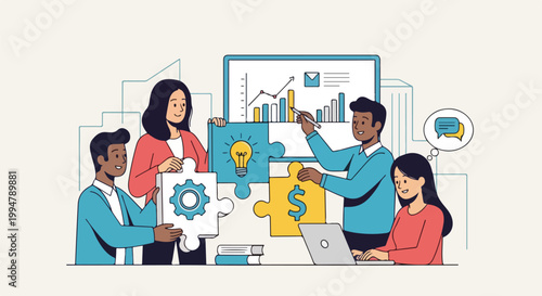 Diverse business team collaborating on strategic project, solving problems, analyzing data, and developing innovative solutions for financial growth and success.