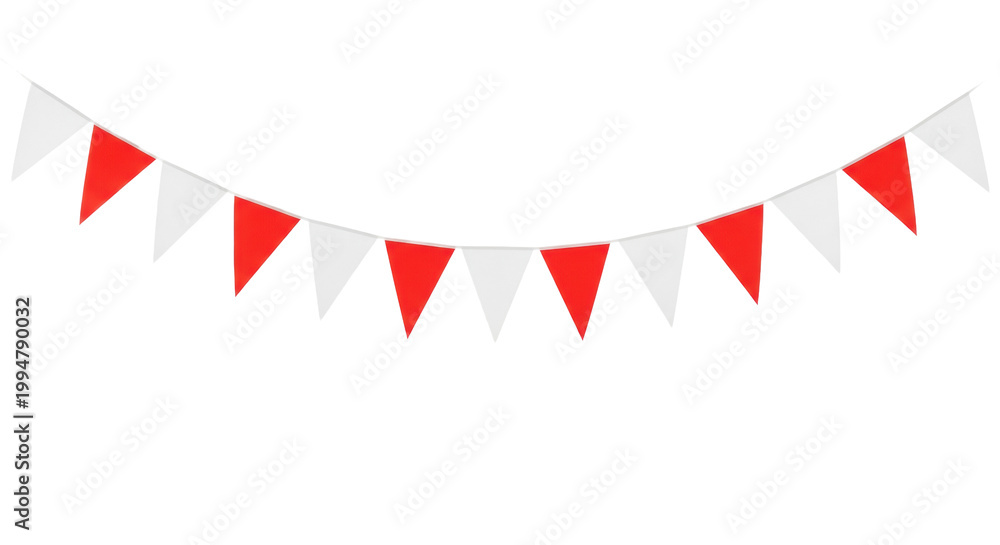 Fototapeta premium Perfectly composed horizontal string of vibrant red and white triangular pennant flags on a taut rope, isolated on a seamless transparent studio background with ample copy space. Concept for festive