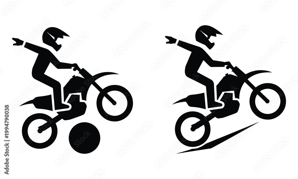 Obraz premium Two motorcyclists performing daring wheelie stunts on dirt bikes