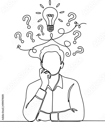 Person thinking with lightbulb and question marks, brainstorming, idea generation, problem solving