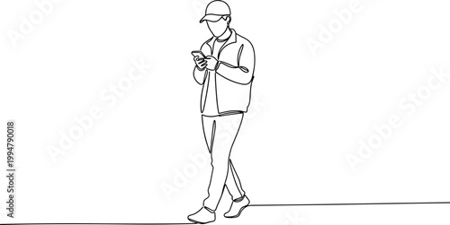 Man walking, looking at smartphone, continuous line drawing, minimalist style