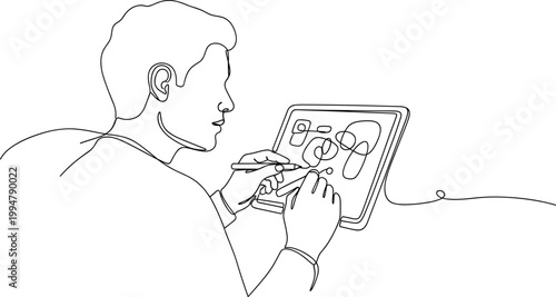 Man drawing on tablet with stylus, continuous line art, minimalist design