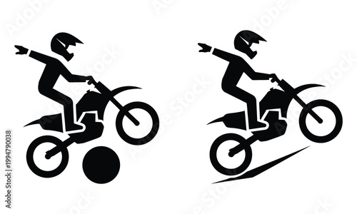 Two motorcyclists performing daring wheelie stunts on dirt bikes