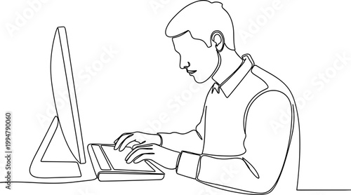 Minimalist line art of a man typing on a computer, focused on work or study, simple drawing style