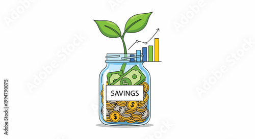 Conceptual illustration of a savings jar filled with money, a growing plant, and financial graphs, depicting successful investment and wealth growth.