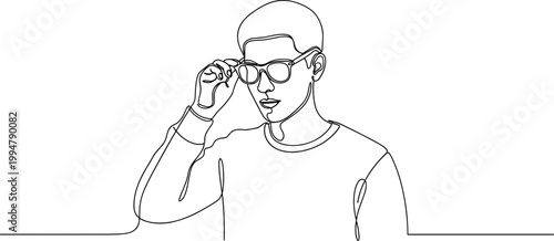 Continuous line drawing of a young man adjusting his glasses, minimalist style