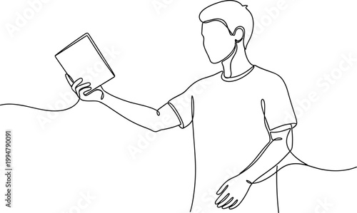 Minimalist line art of a young man holding a book, reading, learning, education concept