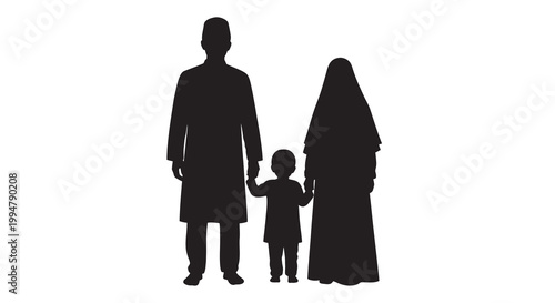 Silhouette of a muslim family holding hands against a white background