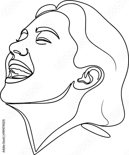Line Art Portrait of Joyful Woman Laughing, Head Tilted Back in Ecstasy