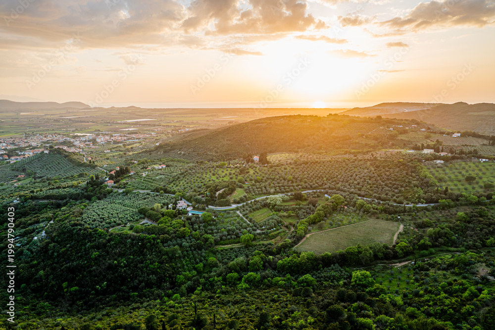 Naklejka premium Włochy, Toskania, panorama z lotu ptaka podczas zachodu słońca. Winnice i wzgórza w Toskanii.