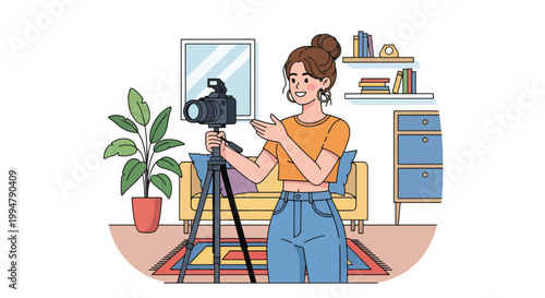 Female vlogger recording a video at home, creating digital content for social media, using a camera on a tripod in a modern interior.