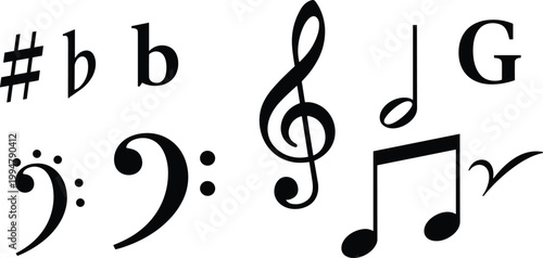 Music notation symbols set, treble clef notes and accidentals collection, black vector elements for composition, theory education, sheet music and audio design
