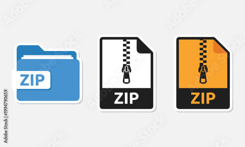 ZIP file folder icons set, compressed archive document symbols, digital data storage concept, modern flat vector design for file management systems