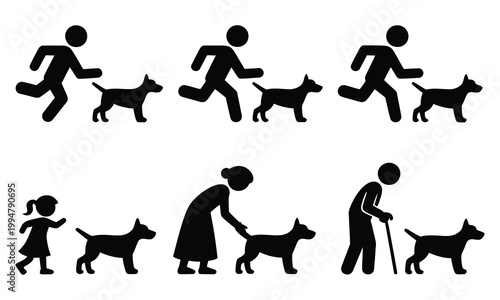 Diverse individuals walking and running with assistance dogs
