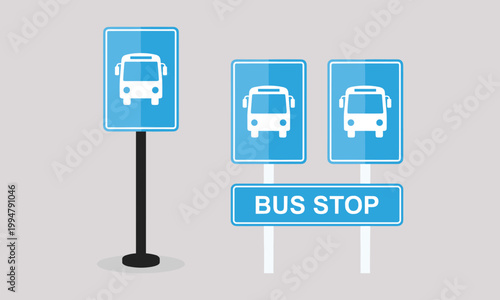 Bus stop sign icons set, public transport symbol collection, blue road signage with bus pictogram, modern flat vector illustration for navigation and transit systems