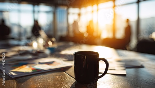 Morning Coffee Meeting in a Sunlit Office Boardroom.