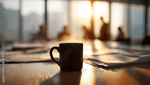 Morning Coffee Meeting in a Sunlit Boardroom.
