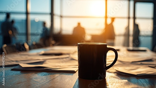 Morning Coffee Meeting in a Modern Office with City View.