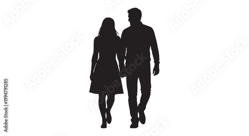Silhouettes of a couple walking hand in hand facing away from the viewer