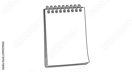 A simple sketch depicts a spiral bound notebook with blank pages rendered in a clean black and white line drawing style