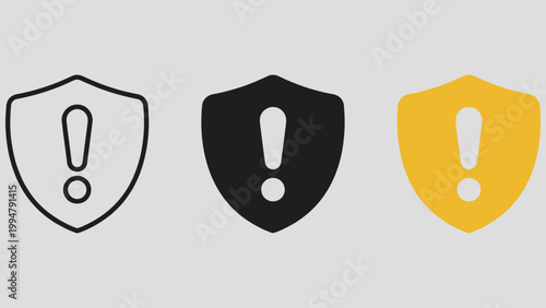 Shield icon with exclamation mark representing security warning, risk or alert. Suitable for cybersecurity notifications, system alerts, danger messages, safety issues and attention or caution.