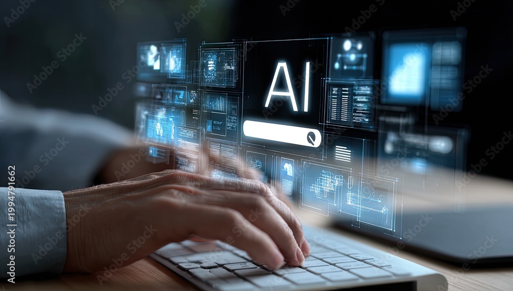 Fototapeta premium Artificial Intelligence Concept with Hands Typing on Keyboard and Futuristic Interface.
