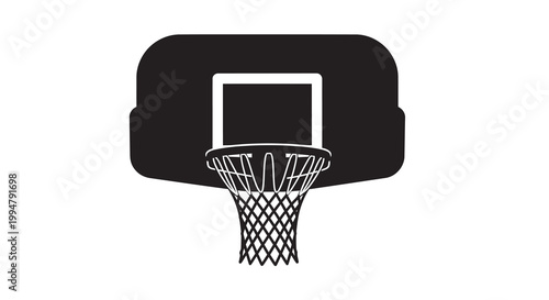 A simple black and white illustration of a basketball hoop and net