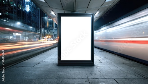 Blank Billboard at Night with Streaking Lights of Transportation.