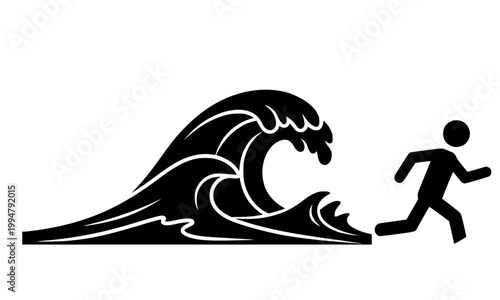Tsunami warning sign with silhouette of person running away from giant ocean wave, black and white evacuation pictogram icon for disaster safety and emergency alert