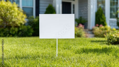 Blank White Sign on Green Lawn in Front of House.