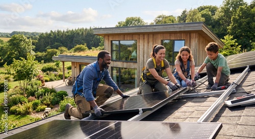 A family of four installing solar panels on a rooftop, symbolizing sustainable living and environmental consciousness. The image showcases a diverse family working together towards a greener future.