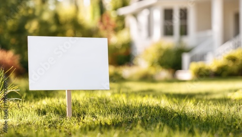Blank Sign on Green Grass in Front of House.