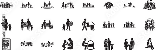 Family silhouette icons representing daily household chores and routines