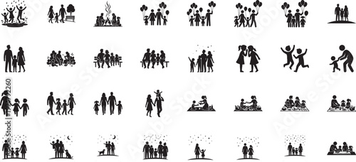 Silhouettes of families enjoying outdoor activities and night sky views
