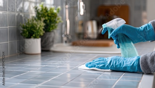 Close-up of hands in blue gloves cleaning a kitchen countertop with a spray bottle and cloth.