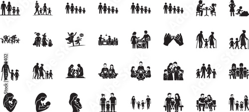 Family care and senior support silhouette icons for community themes
