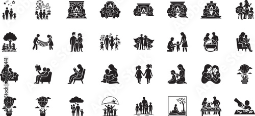 Family reading and home entertainment silhouette icons with superheroes