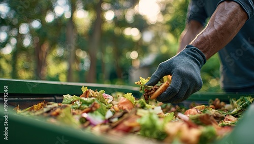 Gardener Adding Organic Waste to a Compost Bin for Sustainable Gardening.