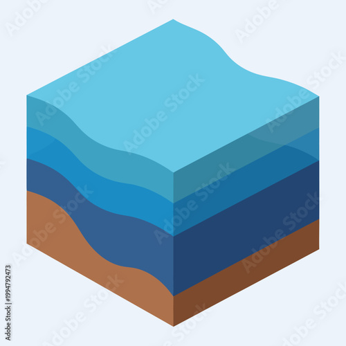 Isometric Cube Showing Layers of Earth and Water.