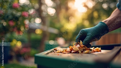Gardener Preparing Food Scraps for Composting in a Lush Garden.
