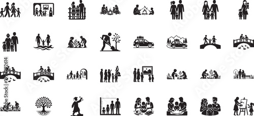 Family creative arts and travel icons for vacation planning