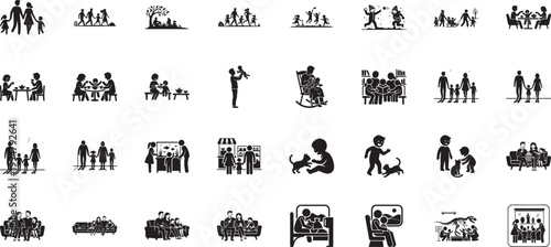 Domestic life and entertainment icons featuring family relaxation time