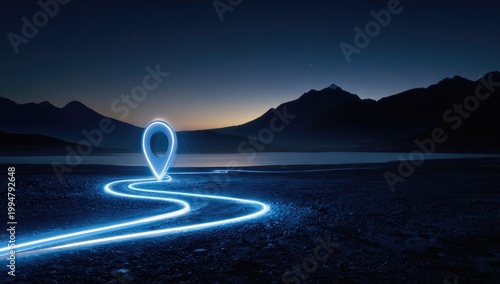Glowing Blue Pin Marker on Winding Path Through Dark Landscape.
