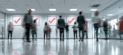 Blurred figures walk past posters with red checkmarks in a modern hallway.