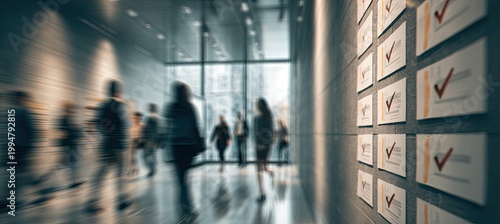 Blurred silhouettes of people walking in a modern museum or gallery with artwork displayed on the wall.