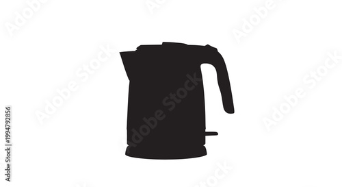A stark silhouette of a modern electric kettle against a white background