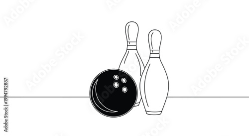 A minimalist line drawing depicts a black bowling ball and three white pins suggesting a bowling game